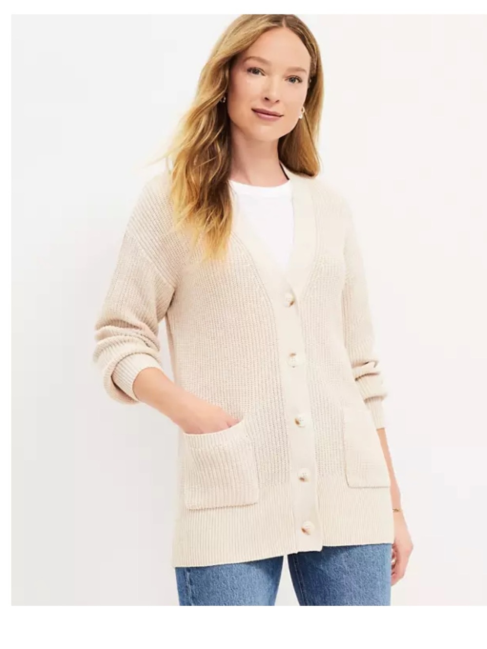 LOFT Neutral Beige Open-Front Knit Cardigan
